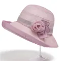 Elegant light pink sun hat for women with large organza flower and wavy brim detail - M (56-58cm) / Pink