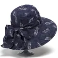 Foldable navy blue wide brim sun hat for women with elegant feather print and bow accent - M / Navy Blue