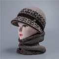 Women's houndstooth knit hat and scarf set with fur trim and gold bee accent - One Size (Stretchy) / Hat And Neck Warmer / Khaki