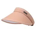 Detail view of pink UPF50+ wide brim sun hat with contrast piping and logo tag - Adjustable / Light Pink