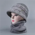 Grey knit rabbit fur blend winter hat and neck warmer set for elderly women with bee decor - One Size (Stretchy) / Hat And Neck Warmer / Gray
