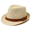 Classic cream straw fedora hat with brown leather band and silver buckle for summer sun protection - M (56-58cm) / Beige
