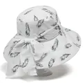 Detailed close-up of white summer sun hat with black feather prints and large bow accent - M / White