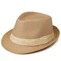 Classic light brown breathable straw fedora hat for men featuring a woven decorative band - M / Khaki