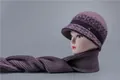 Elderly women's warm purple rabbit fur knit hat and scarf set with metal bee accent - One Size (Stretchy) / Hat And Scarf / Taro