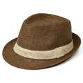 Macro view of breathable brown straw fedora with cream woven band and fine texture - M / Coffee