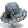 Close-up of blue floral sun hat with detailed ribbon bow and mesh flower decoration - M (56-58cm) / Gray