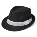 Classic black woven straw fedora for men featuring a white breathable patterned band - M / Black