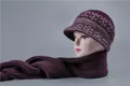 Deep purple knit hat and scarf set for elderly women with plush lining and bee decor - One Size (Stretchy) / Hat And Scarf / Purple