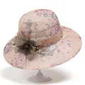 Elegant floral print sun hat for elderly women with decorative bow and wide brim - M (56-58cm) / Pink
