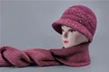 Women's winter purple knit hat and scarf set with rabbit fur texture and rhinestone bee brooch - One Size (Stretchy) / Hat And Scarf / Mauve