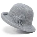 Breathable gray knitted sun hat with bow decoration and shimmering metallic texture - M / Gray