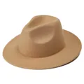 Sombrero fedora clásico de fieltro de lana camello con ala ancha plana y corona de pellizco - M (56-58cm) / Camel