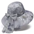 Detail of light blue sun hat with jacquard floral pattern and large decorative side bow - M (56-58cm) / Gray