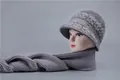 Gray rabbit fur blend knit hat and scarf set for elderly women featuring bee decor - One Size (Stretchy) / Hat And Scarf / Gray