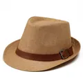 Khaki straw panama hat with brown leather belt buckle on a clean white background - M (56-58cm) / Khaki