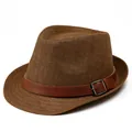 Classic dark brown fedora straw hat with vintage faux leather band and metal buckle detail - M (56-58cm) / Coffee