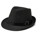 Detailed macro view of black woven straw fedora hat featuring a leather band with metal buckle - M (56-58cm) / Black