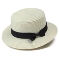 Elegante sombrero boater crema con cinta negra para protección solar de playa en verano - Adulto / Blanco Roto