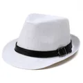 Classic white woven fedora hat with black leather band and silver buckle for summer sun protection - M (56-58cm) / White