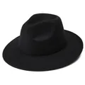Sombrero fedora clásico de lana negra con ala ancha para hombre y mujer, estilo elegante - M (56-58cm) / Negro