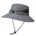 Detail of grey outdoor sun hat showing Travellero embroidery and breathable black mesh vents - M (56-58cm) / Gray