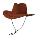 Détail d'un chapeau de cowboy marron avec bandeau tressé et mentonnière réglable - M / Brun Foncé