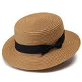 Detalle de sombrero de paja caqui con cinta de grogrén negra y tejido de espiral fino - Adulto / Caqui