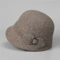 Mocha brown wool cloche hat for elderly women with decorative bow and rhinestone buckle - M (56-58cm) / Light Coffee