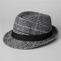 Cappello fedora classico in lana a quadri grigi con nastro nero per uomo - M（56-58cm） / Grigio chiaro