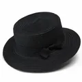 Detalle de sombrero de paja negro con cinta de satén a juego y adorno de lazo - Adulto / Negro