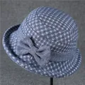 Elegant thick wool felt bucket hat for women featuring blue plaid texture and bow detail - M (56-58cm) / Blue Gray
