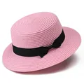 Sombrero boater de paja rosa para mujer con cinta negra para protección solar de verano playa - Rosa
