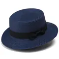 Sombrero de paja azul marino con copa plana y lazo negro para mujer y niñas - Azul marino