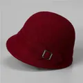 Elegant dark red wool felt cloche hat for women with ribbon bow and rhinestone buckle - M (56-58cm) / Burgundy