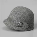 Elegant dark grey wool cloche hat for elderly women with rhinestone bow decoration - M (56-58cm) / Gray