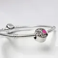 Silver snake chain bracelet with a pink heart charm and sparkling zircon stones - Four-leaf Clover Big Hole Bead / Rose Red