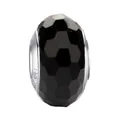 Polished black faceted crystal charm bead with S925 sterling silver core and engraving - Black