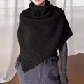 Detail of high neck black chunky knit shawl wrap with textured weave pattern - One Size / Black