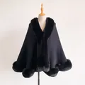 Elegant black faux fur collar poncho cape and oversized knitted cardigan for women - Black
