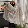 Detail showing snake print linen scarf with silver sequins and elegant tassel edges - Medium-Long Style / Metallic Snake Print (D-4)