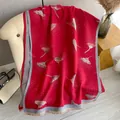 Bufanda roja tipo cachemir con estampado de diente de león, bordes bicolor y flecos - 180x65cm / Rojo