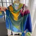 Detail of vibrant floral scarf showing lotus pattern and yellow rolled edge stitching - Medium-Long Style / Lotus And Lotus Leaf (B-2)
