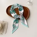 Detail of floral skinny scarf with green hydrangea print on a rustic wooden tray - White Light Green Hydrangea (Q-17)
