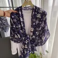 Detail of purple cotton linen scarf with white floral print and elegant fringe edges - Medium-Long Style / Deep Purple Floral (C-3)