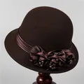 Detail of dark brown wool felt bucket hat with satin flowers and bead decorations - Bucket Hat / M (56-58cm) / Coffee