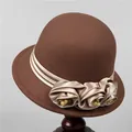 Detail of coffee wool cloche hat featuring handmade satin flowers and pearl accents - Bucket Hat / M (56-58cm) / Light Coffee