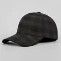 Detail of grey plaid wool baseball cap with metal Donatello logo plate for men - Adjustable / Black Grey Plaid