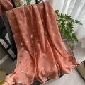 Coral pink floral dandelion scarf with golden foil print and tassels for women - Orange Red