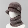 Detail of winter knit hat and scarf set with fleece lining and pearl flower accents - Hat And Neck Warmer / Khaki